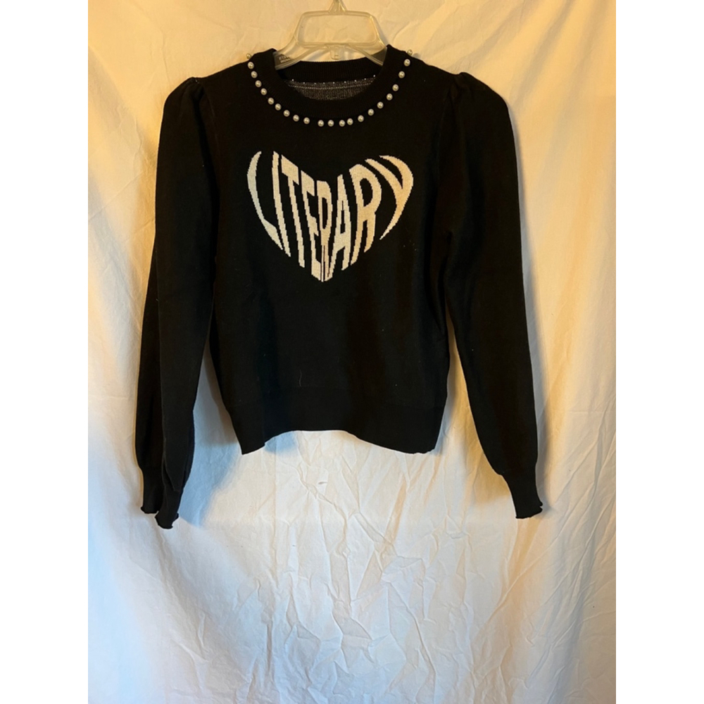Women's Unbranded Sweater S Black White “Literary” heart w pearl embelishments